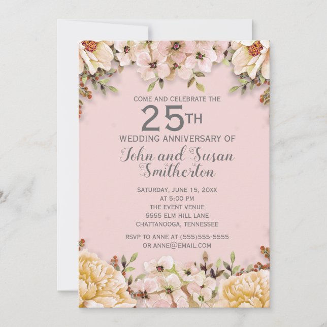 Invitation Noces de mariage 25 ans Fleurs blanches roses (Devant)