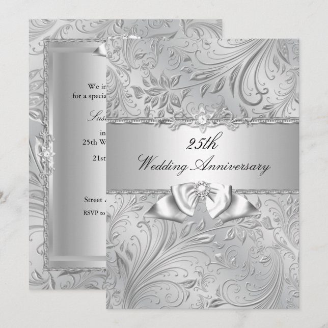 Invitation Noces de mariage 25 ans Fleurs et ruban argentés (Devant / Derrière)