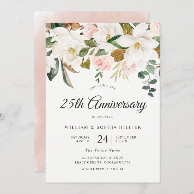 Invitation Noces de mariage 25 ans Fleurs roses et blanches (Devant / Derrière)