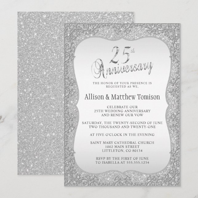 Invitation Noces de mariage 25 ans Silver Glitter | Texte DIY (Devant / Derrière)
