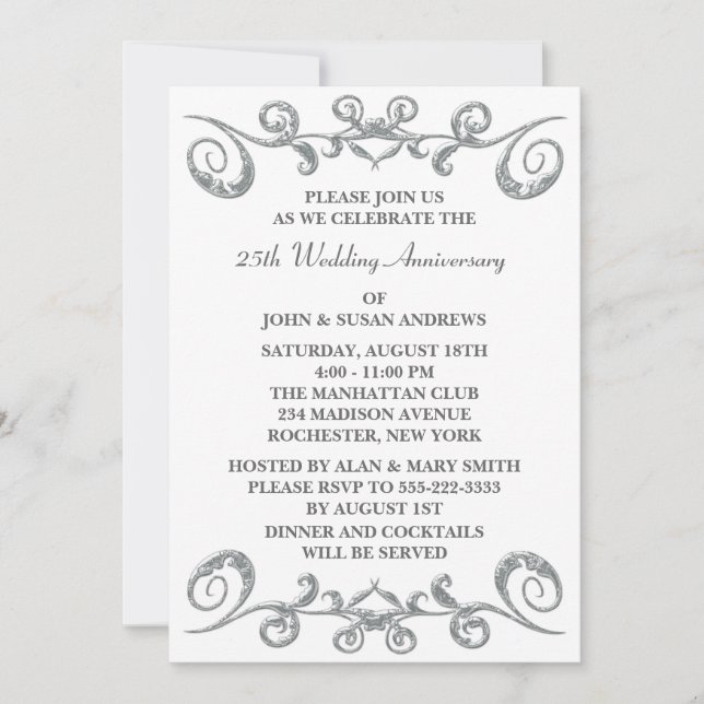 Invitation Noces de mariage 25 ans Silver Swirls (Devant)