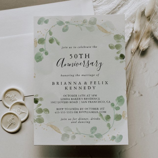 Invitation Noces de mariage 50 ans Eucalyptus Confettis Dorés (Créateur téléchargé)