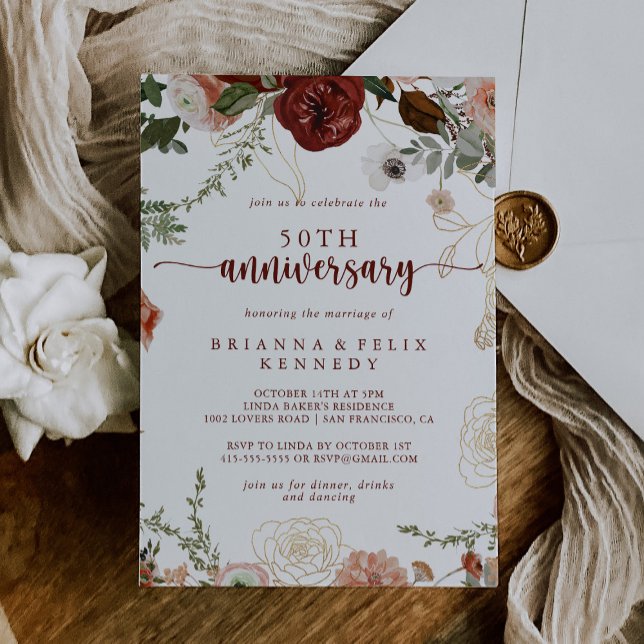 Invitation Noces de mariage 50 ans Fleurs Rustiques Or (Créateur téléchargé)