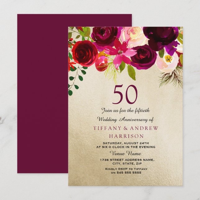 Invitation Noces de mariage 50 ans Floral Or & Bourgogne (Devant / Derrière)