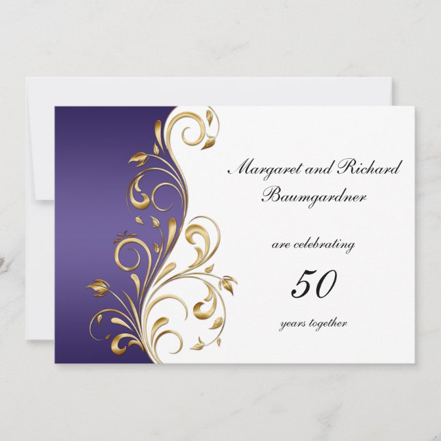 Invitation Noces de mariage 50 ans or vintage violet (Devant)