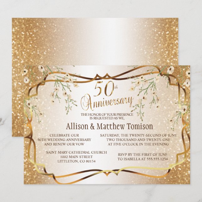 Invitation Noces de mariage 50 ans paillettes dorées | Texte  (Devant / Derrière)