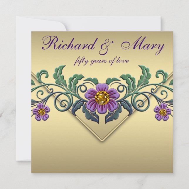 Invitation Noces de mariage 50 ans Purple Petunia Gold (Devant)