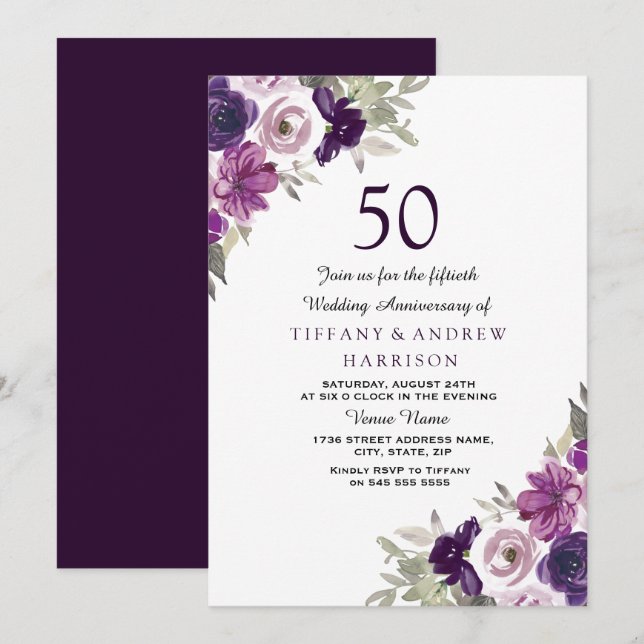 Invitation Noces de mariage 50 ans Violet Floral Pourpre (Devant / Derrière)