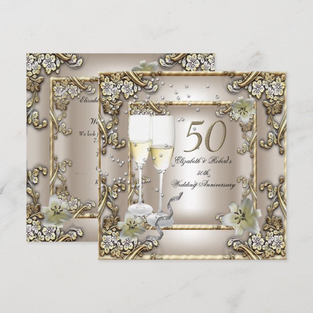 Invitation Noces de mariage 50e anniversaire Crème Or Lys (Devant / Derrière)