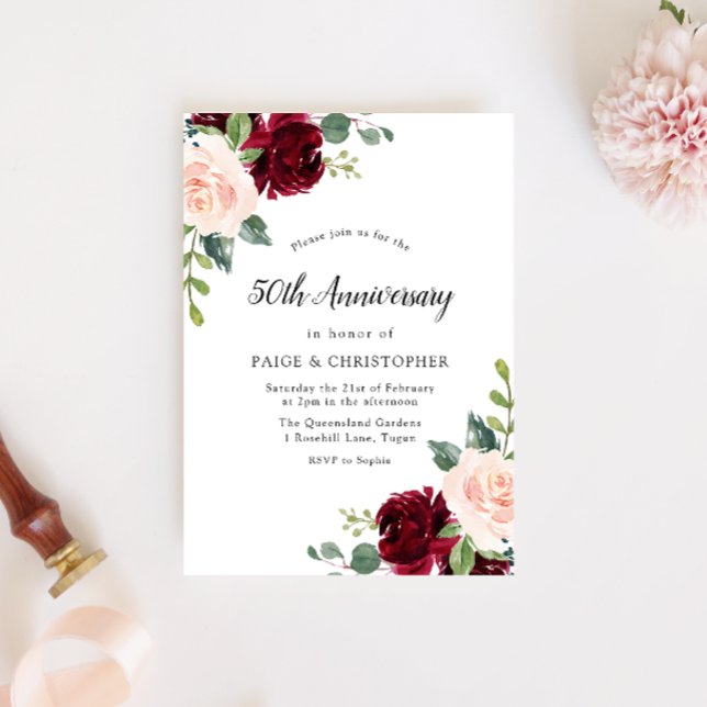 Invitation Noces de mariage à l'aquarelle florale rose 50ème  (Créateur téléchargé)