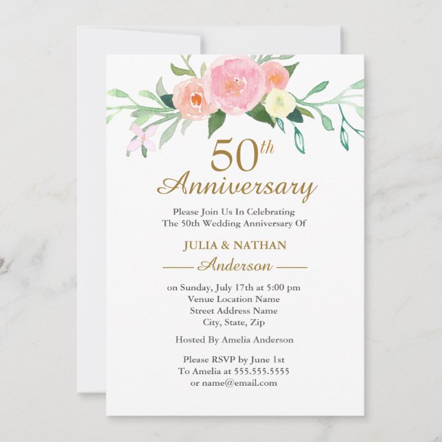 Invitation Noces de mariage aquarelle Fleur sauvage rose 50e  (Devant)