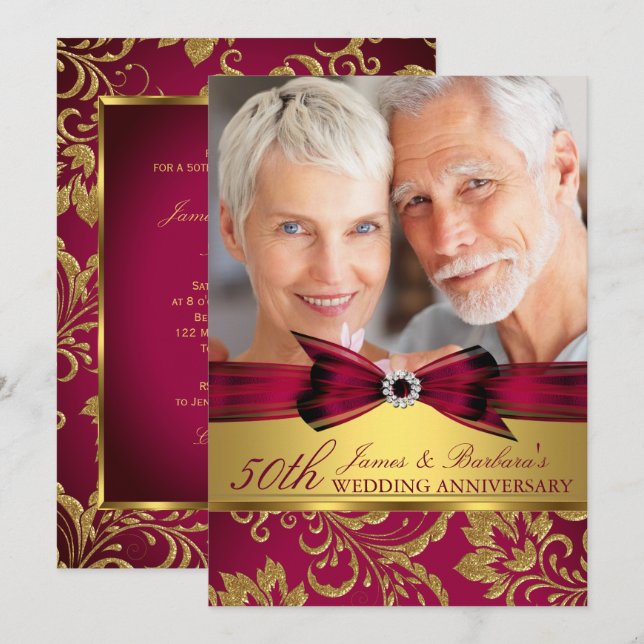 Invitation Noces de mariage Burgundy Red Gold Photo 50ème ann (Devant / Derrière)