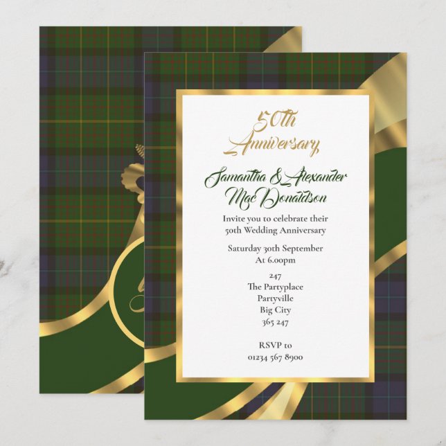 Invitation Noces de mariage or tartan vert (Devant / Derrière)