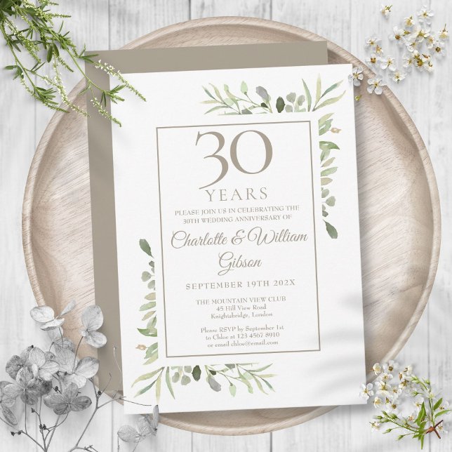Invitation Noces de perle 30 ans de mariage Floral Végétal (Pearl 30th Wedding Anniversary Greenery Floral Invitation)
