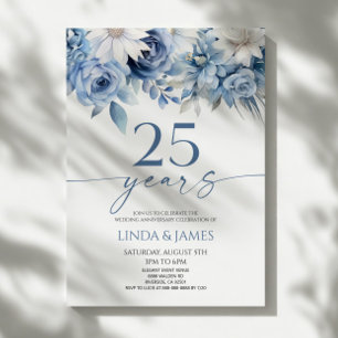 Invitation Noces de porcelaine Dusty Blue Floral 25 ans