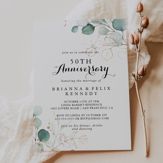 Invitation Noces de rustique Eucalyptus Or 50ème Anniversaire (Créateur téléchargé)