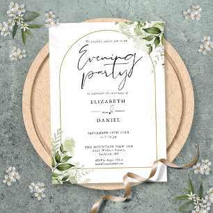 Invitation Noces de soirée rustiques avec arche dorée et verd