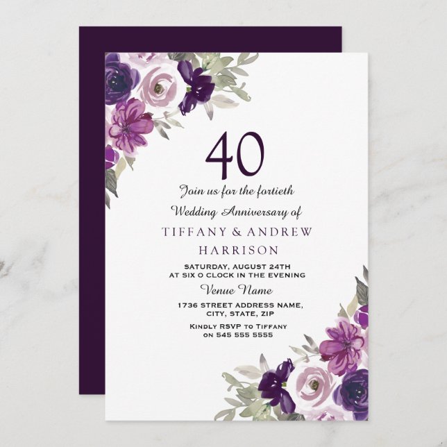 Invitation Noces de violette pour 40 ans de mariage (Devant / Derrière)