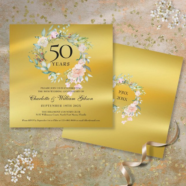 Invitation Noces d'or 50e anniversaire de mariage Floral Or F (50th Golden Wedding Anniversary Floral Gold Foil Invitation)