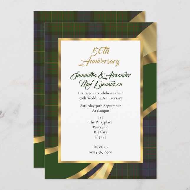 Invitation Noces d'or en tartan vert (Devant / Derrière)