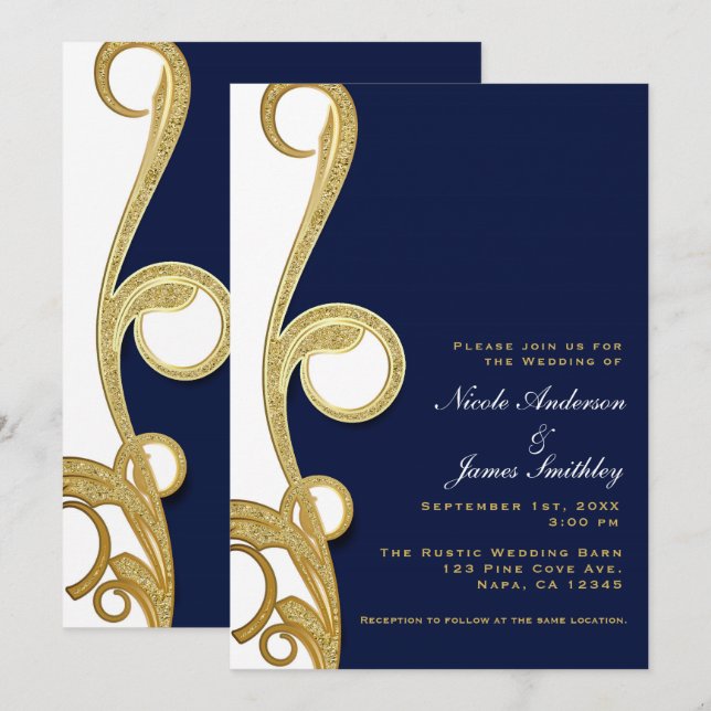 Invitation Noces Élégantes en Or Blanc et Bleu Marine (Devant / Derrière)