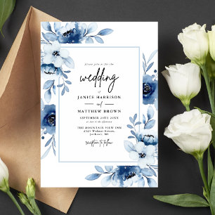 Invitation Noces Fleurie Navy Bleu Poussiéreux Champagne Ivoi