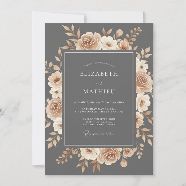 Invitation Noces Fleuries Romance Slate Peach (Devant)