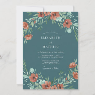 Invitation Noces Florales Rouille Bleu Acier