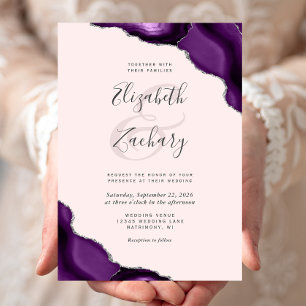 Invitation Noces Rose Pâle Coins Agate Argent Violet