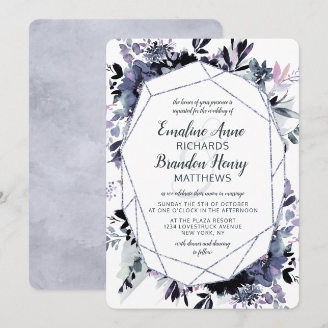 Invitation Nocturne Floral Argent Gem Dusty Blue Mariage (Devant / Derrière)