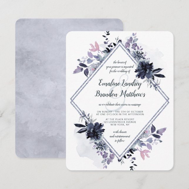 Invitation Nocturne Floral Dusty Blue Diamond Mariage (Devant / Derrière)