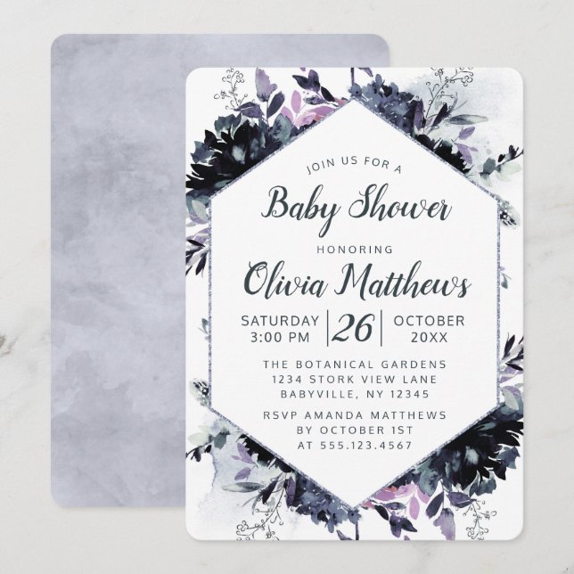 Invitation Nocturne Floral Navy Bleu & Gris bébé fille Douche (Devant / Derrière)