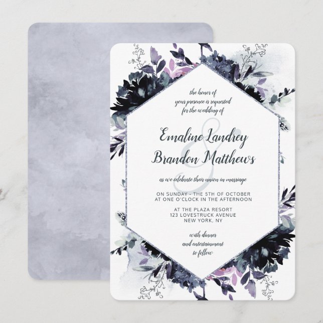 Invitation Nocturne Floral Navy Dusty Blue Hexagon Mariage (Devant / Derrière)