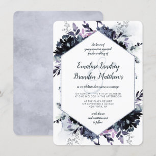 Invitation Nocturne Floral Navy Dusty Blue Hexagon Mariage
