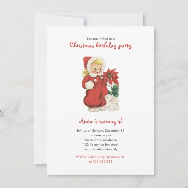 Invitation Noël Anniversaire Cute Retro Girl Red Poinsettia (Devant)