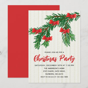 Invitation Noël Aquarelle Verdure Ruban Rouge Fête