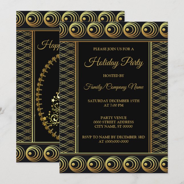 Invitation Noël Arbre d'or Fête élégante (Devant / Derrière)