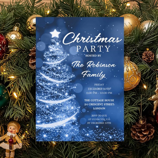 Invitation Noël Arbre étincelle Bleu Fête de Noël (Christmas Tree Sparkle Blue Christmas Party Invitation)