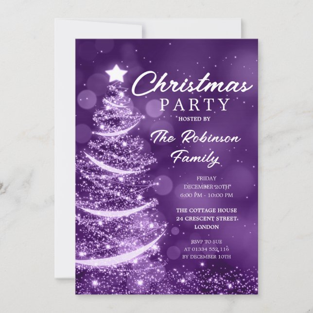 Invitation Noël Arbre Étincelle Violette fête de Noël (Devant)
