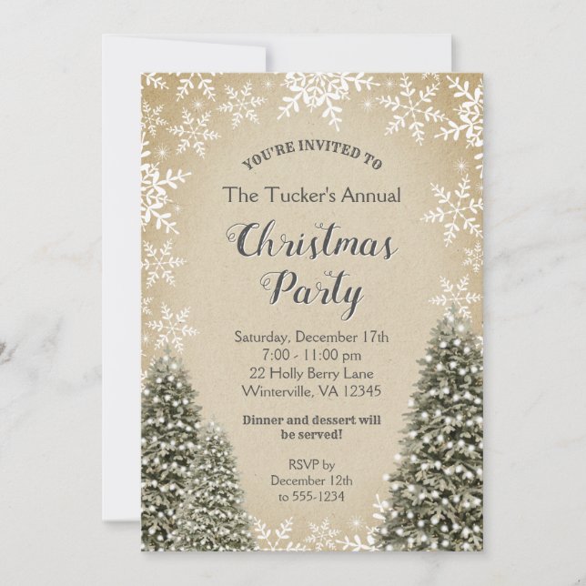 Invitation Noël Arbres Snowflakes Burlap Noël (Devant)