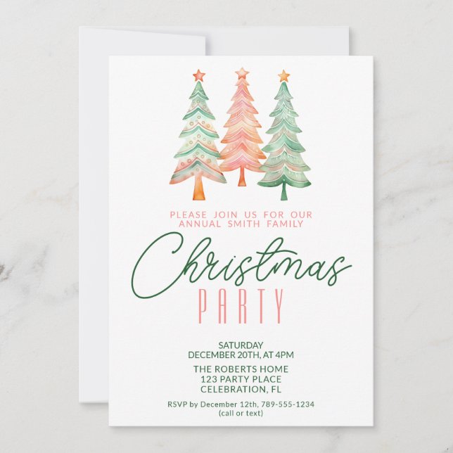 Invitation Noël Arbres verts et rouges (Devant)