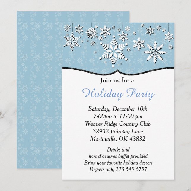 Invitation Noël aux flocons de neige bleus et blancs (Devant / Derrière)