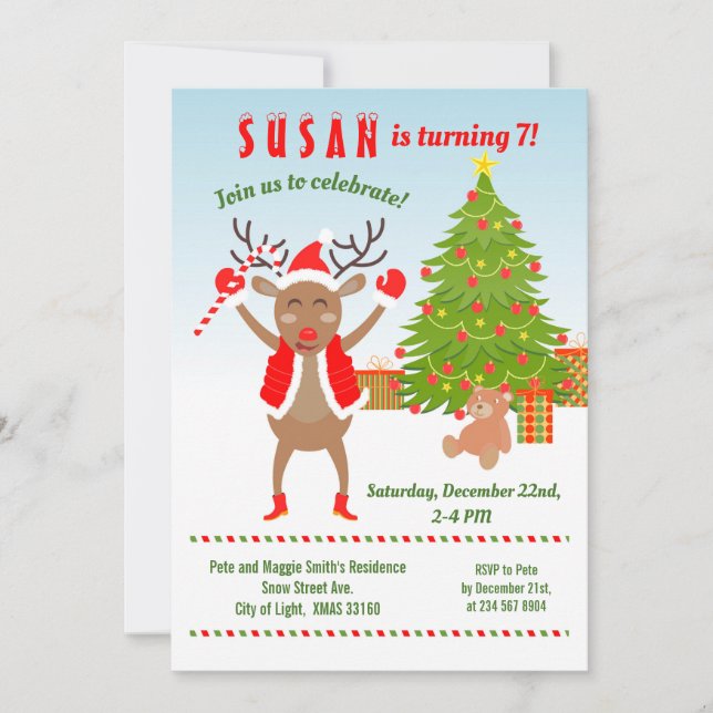 Invitation Noël avec la fête d'anniversaire de Rudolph (Devant)