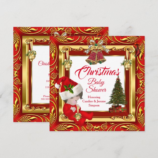 Invitation Noël Baby shower fille ou garçon Rouge Or (Devant / Derrière)