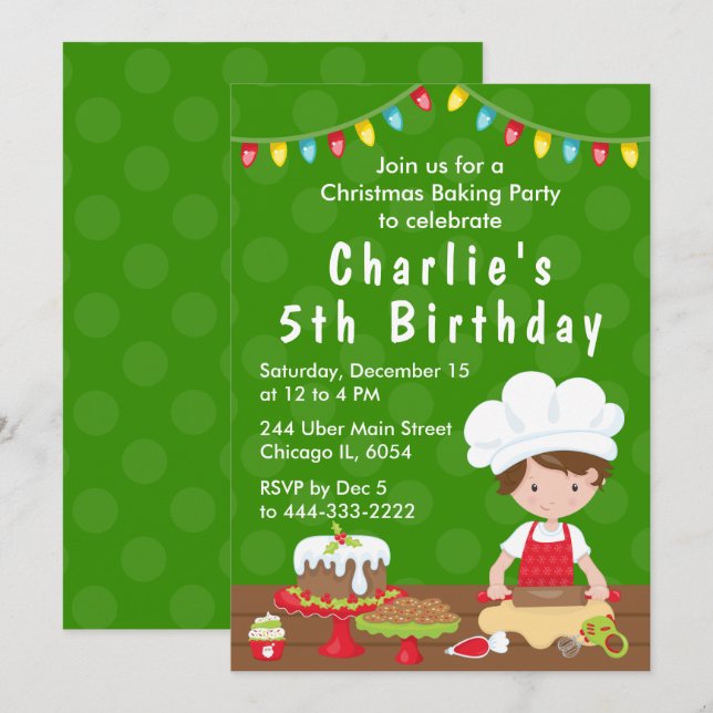 Invitation Noël Baking Anniversaire Brown Cheveux Boy Invitat (Devant / Derrière)
