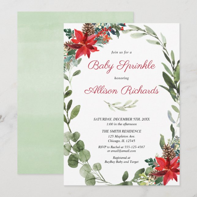 Invitation Noël bébé saupoudrer de poinsettia rouge verdure (Devant / Derrière)