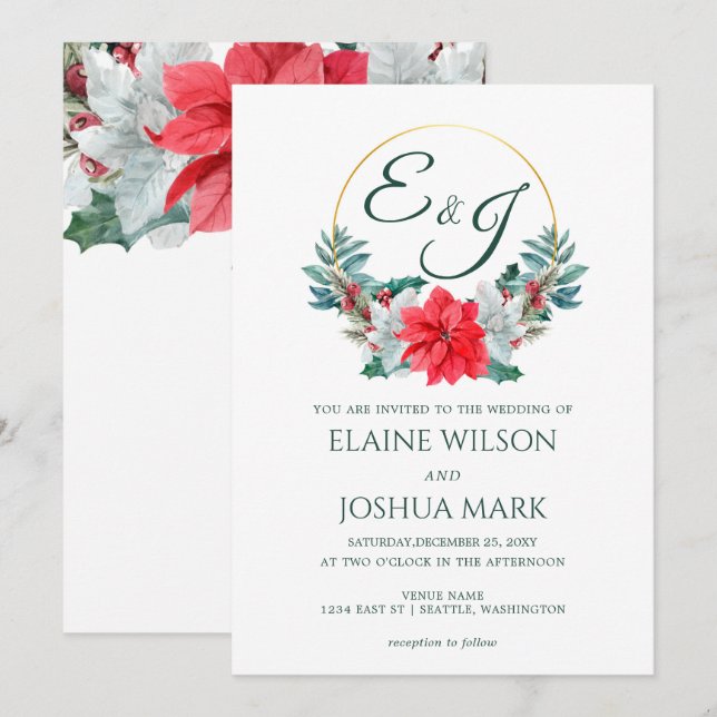 Invitation Noël Berry Poinsettia Mariage de monogramme de cou (Devant / Derrière)