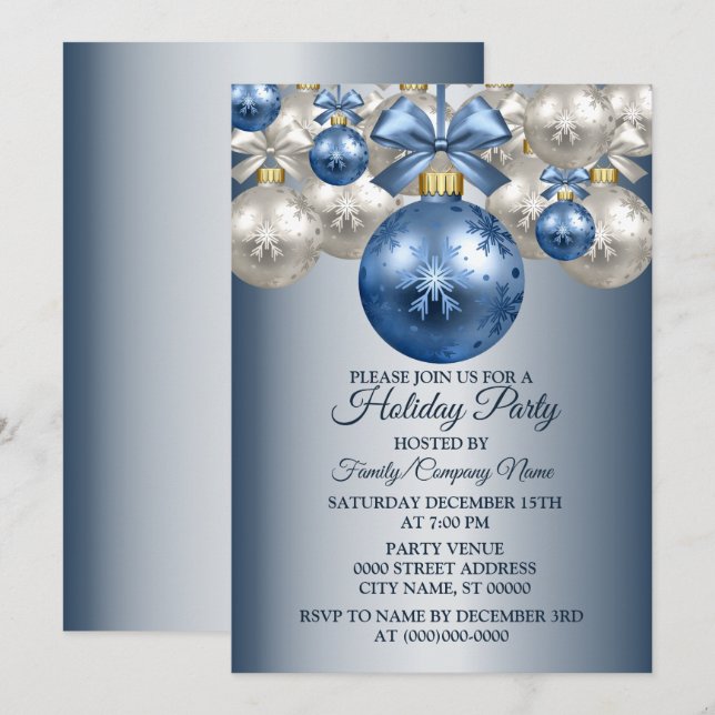 Invitation Noël Bleu Blanc Ornements Fête des Fêtes (Devant / Derrière)