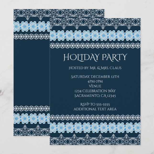 Invitation Noël Bleu et Blanc Dentelle Élégant Fête de Fêtes (Devant / Derrière)