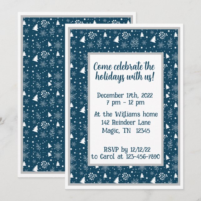 Invitation Noël bleu et blanc, Fête des flocons de neige (Devant / Derrière)